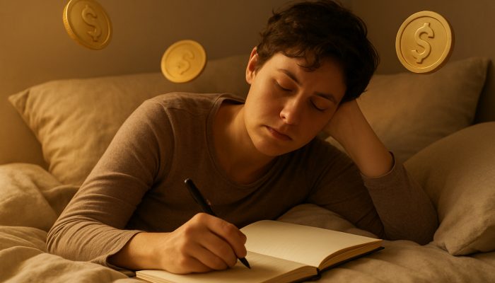 Tired individual resting in bed while crafting a gentle debt repayment plan in a journal with warm golden light