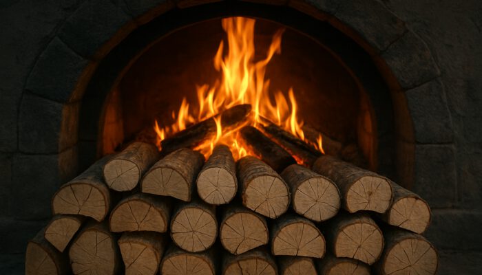 Neatly stacked seasoned firewood fueling an efficient low-smoke fire in a rustic wood-fired oven at dusk.