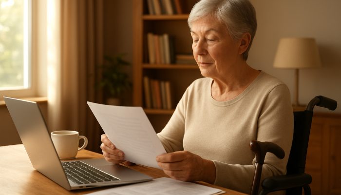 Balancing Health Recovery And Money Stress: Helpful Advice | DCL Calm individual with health aids reviews pension charts in a sunlit workspace for financial security