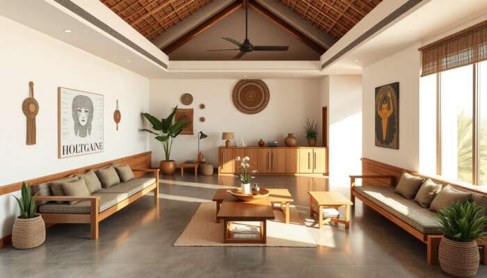 Modern boutique hotel lobby with minimalist design, sustainable wooden furniture, indigenous crafts, and local artwork in natural light.