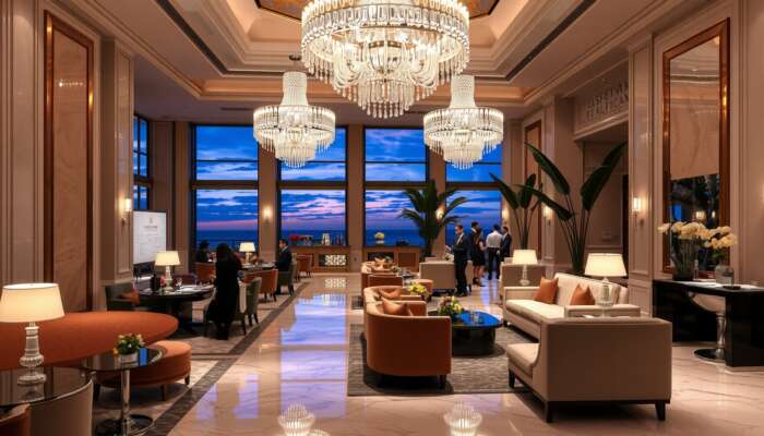 Luxurious hotel lobby at dusk featuring crystal chandeliers, plush velvet seating, marble floors, staff serving champagne, and elegantly dressed guests.