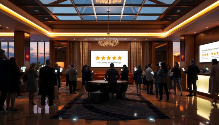 Luxurious hotel lobby at dusk, with guests reviewing five-star ratings and positive reviews on smartphones, illustrating the impact of ratings on travel decisions.