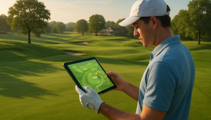 Beginner golfer checks tablet with local maps and beginner tips on a sunny fairway