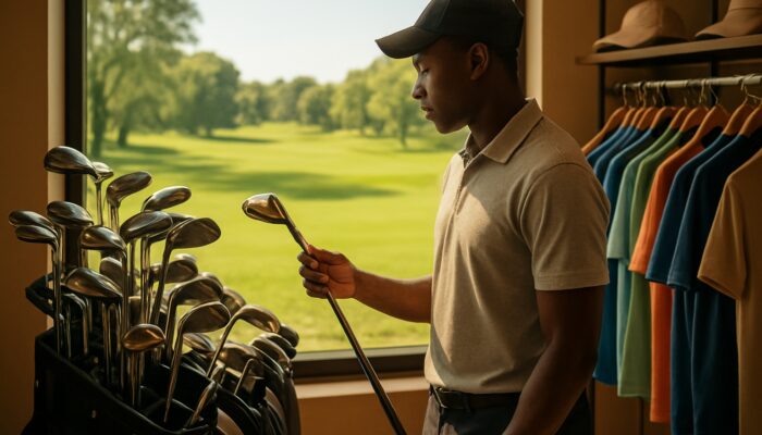Beginner golfer browsing affordable clubs and apparel in a sunny South African sports shop with fairway views.