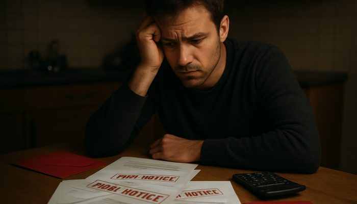 Signs Support Is Harming Your Finances: Identify The Risks | DCL Concerned individual at dim table with overdue gas, electricity, and water bills marked final notice