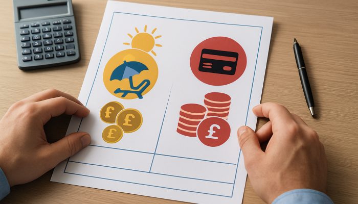 Deciding A Percentage For Fun And For Debt: Budget Tips | DCL Individual reviewing UK payslip displaying net pay divided between leisure icons and debt symbols