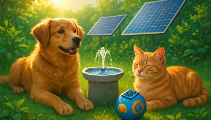 Dog and cat enjoying solar-powered pet gadgets in a sunny, eco-friendly garden with solar panels.