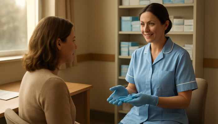 Approachable nurse advising patient on sterile gloves in welcoming British GP clinic with NHS shelves.