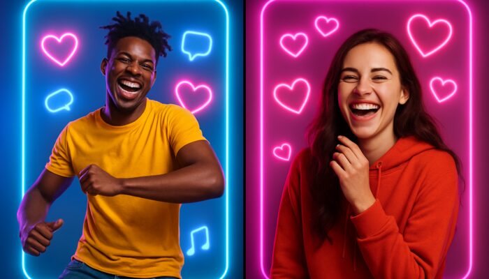 Split-screen TikTok duet featuring two vibrant creators dancing and laughing amid neon glows and hearts.