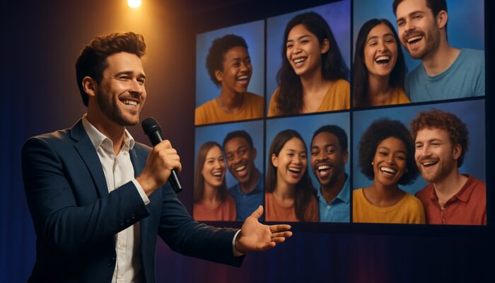 Charismatic host showcasing vibrant audience duets on a glowing stage with joyful diverse participants.