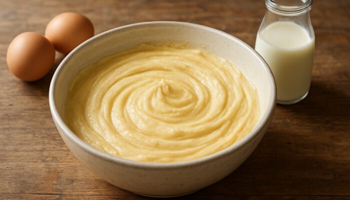 Close-up of smooth muffin batter with eggs and milk on a rustic Australian kitchen counter