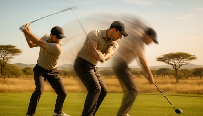Focused golfer repeating powerful swings with motion blur on sunlit South African savanna turf.