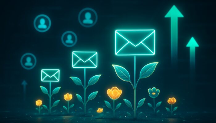 Digital artwork of glowing email envelopes blossoming into flowers, accompanied by customer icons and growth arrows in a cybernetic workspace.