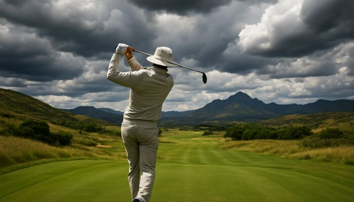 Golfer in sun-protective attire swings club at Kirkwood Golf Club, Eastern Cape under dramatic clouds