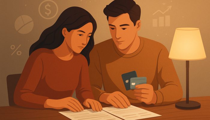 Handling Joint Accounts And Shared Cards: Key Tips | DCL Couple reviewing joint bank statements and shared credit cards in flat illustration