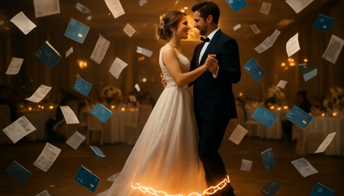 Wedding Costs That Transformed into Long-Term Debt | DCL Bride and groom dance at wedding with receipts and credit cards raining amid glowing debt chains