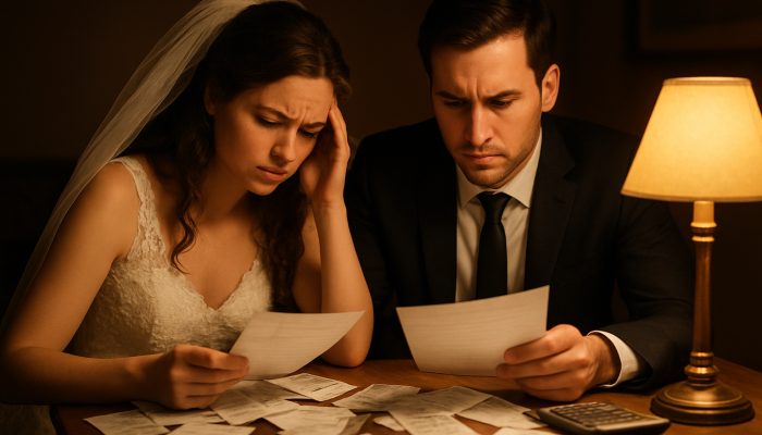 Wedding Costs That Transformed into Long-Term Debt | DCL Newlywed couple reviewing scattered wedding receipts and statements at cozy table post-ceremony.