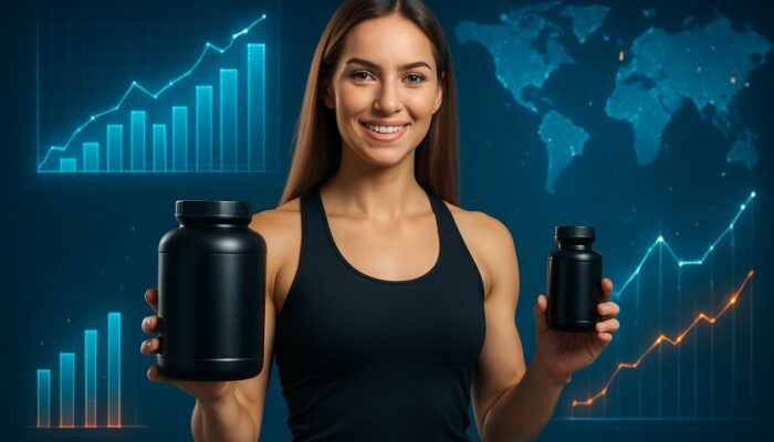 Fitness influencer showcasing supplements alongside holographic engagement, reach, and sales metrics