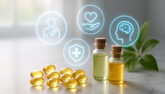 Golden supplement capsules alongside herbal vials and holographic health benefit icons in a serene studio setting