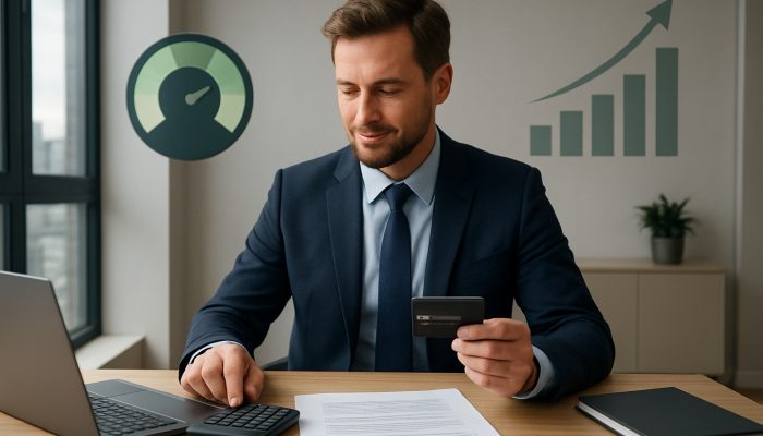 Demonstrating Responsible Behaviour to Lenders: Proven Techniques | DCL British professional pays off credit card with glowing 25% utilization meter and rising credit scores