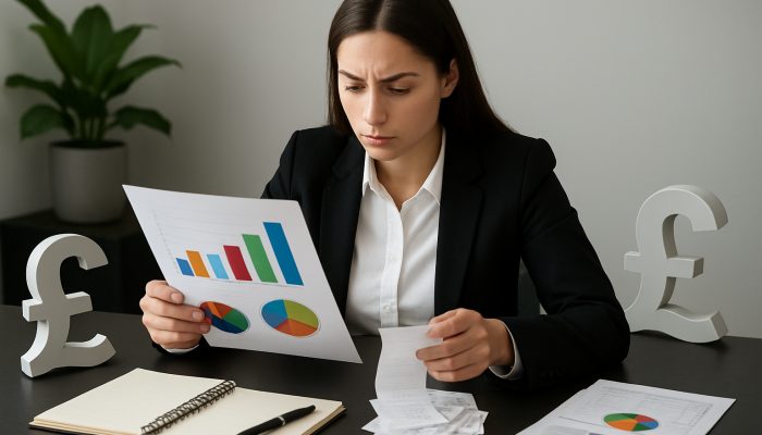 Demonstrating Responsible Behaviour to Lenders: Proven Techniques | DCL Young professional reviewing income-expense charts with British pound symbols at sleek desk