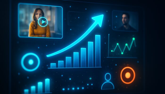 Digital dashboard glowing with live video ads and real-time global engagement metrics.