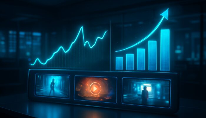 Advanced dashboard displaying holographic graphs of real-time video ad click-throughs and conversions.