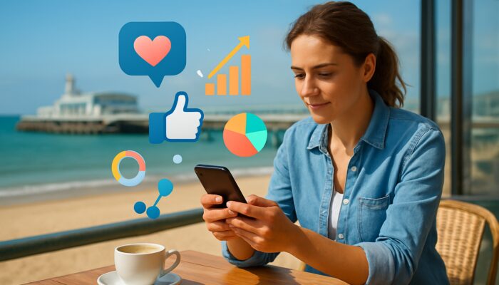 Small business owner crafting social media strategy on smartphone in a Bournemouth café with charts and sea view