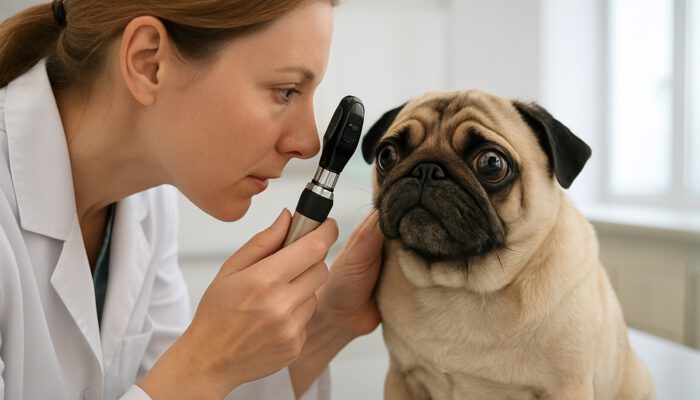 Veterinarian assessing a pug's prominent eyes with an ophthalmoscope in a modern clinic for brachycephalic eye care