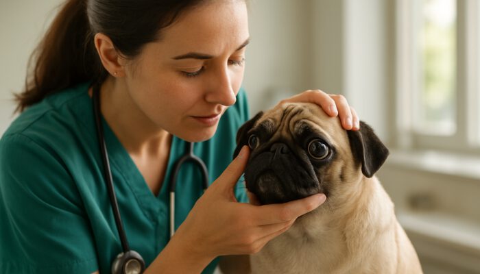 Vet examining pug's prominent eyes in a sunlit clinic for early detection of brachycephalic eye care issues