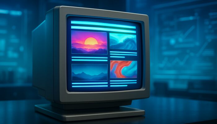 Vintage screen showing outdated webpage revitalised with vibrant images, videos, and expanded text in futuristic workspace.