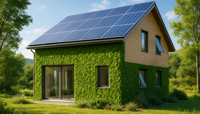 Modern eco-friendly house with solar panels, green walls, and smart windows in a serene landscape.