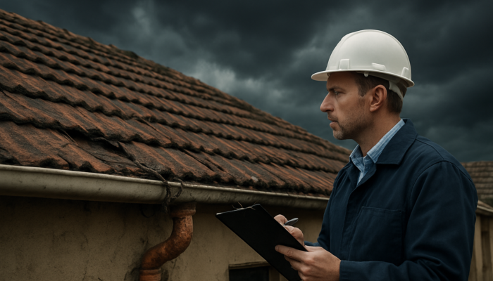 Professional inspector evaluates cracked roof and exposed wires on an old South African home in Springs under a stormy sky.