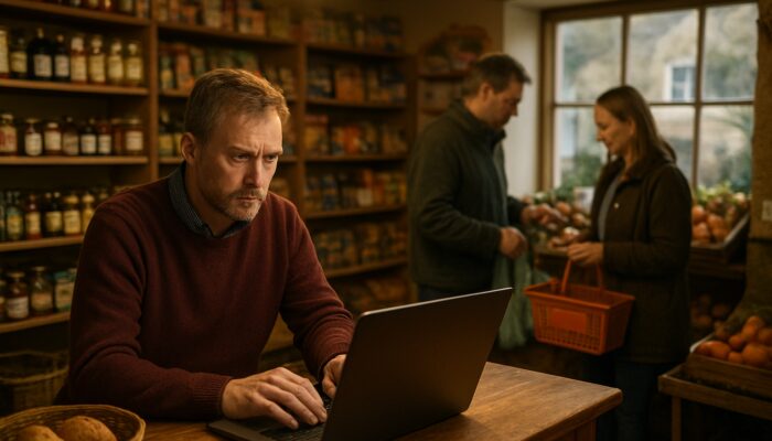 Shopkeeper observing economic trends on a laptop in a quaint Somerset village store while customers purchase essentials.
