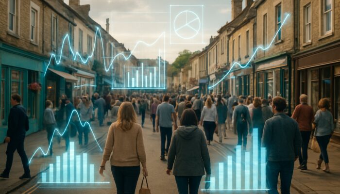 Midsomer Norton high street bustling with shoppers, overlaid by glowing digital charts of market trends.