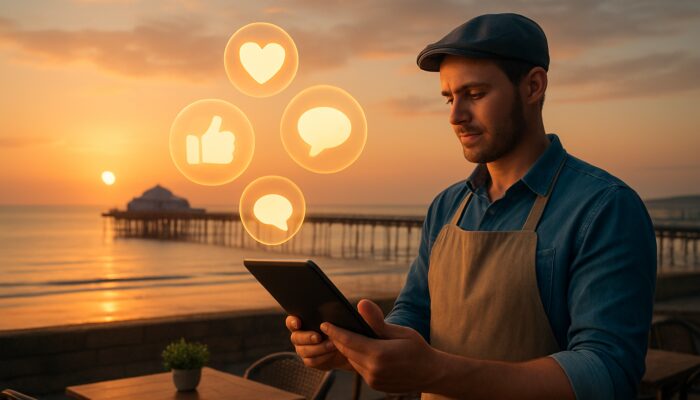 Café owner analysing impressive social media metrics on a tablet above the Weston-super-Mare pier at sunset