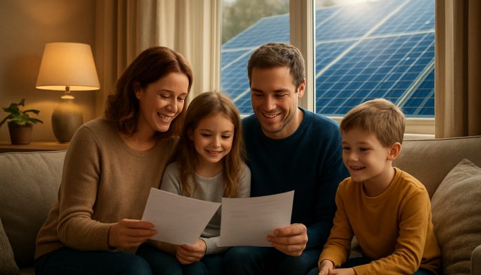Aligning Money Choices With Your Key Values: Practical Advice | DCL British family reviews renewable energy fund documents in a cosy living room with glowing solar panels outside