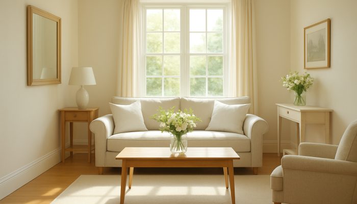 Sunlit pristine Martock cottage interior showcasing gleaming floors, fresh flowers, and crisp linens after professional cleaning.