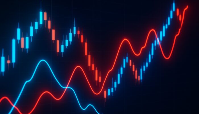 MFI and RSI oscillator lines surging on dark candlestick trading charts with blue and crimson highlights