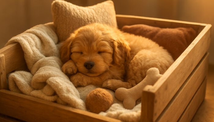 Fluffy puppy curled up in a cozy wooden crate with blankets, pillows, and toys in sunlight.