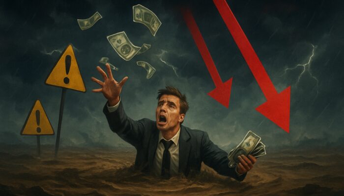 Investor struggling in quicksand while throwing money at falling stock arrows amidst warning signs.