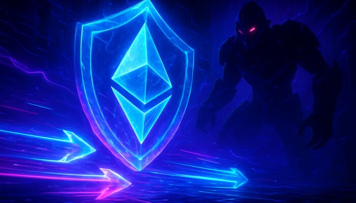 Futuristic arena with luminous Ethereum transactions shielded by crystalline defence against shadowy MEV bots in neon hues.