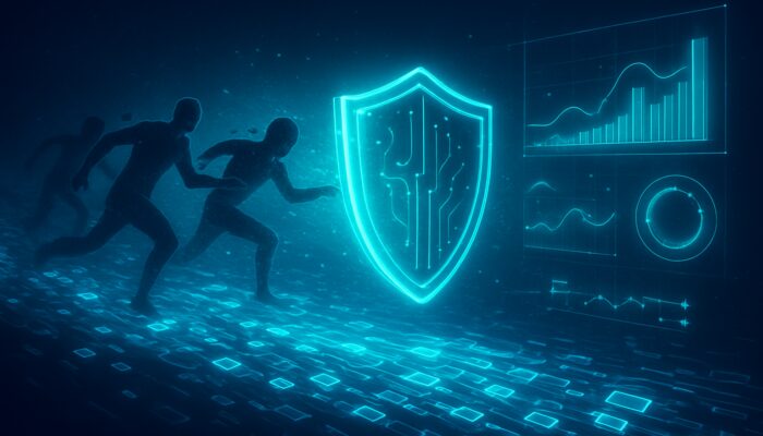 Digital shield obstructing MEV front-runners from blockchain transactions with holographic resilience metrics in neon void