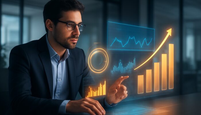 Digital marketer analysing Amazon video ad performance on an interactive dashboard with vibrant ROI charts in a contemporary office.
