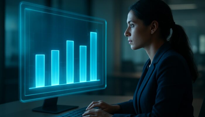 Marketer assessing a holographic dashboard with glowing bar charts comparing video ad engagement rates to industry benchmarks.
