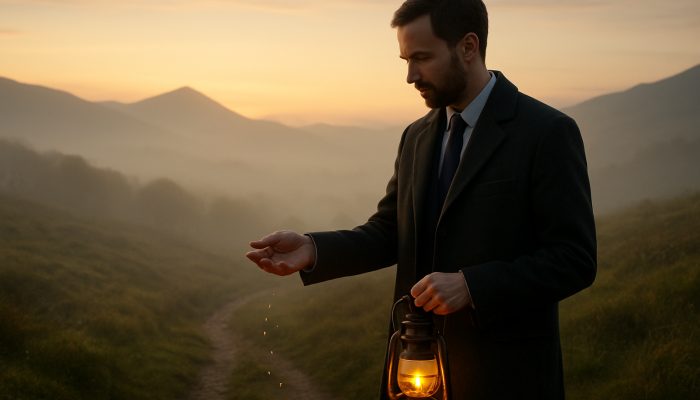 Avoiding Burnout During Long Payoff Plans: Expert UK Advice | DCL Calm UK professional with lantern nurturing symbolic seeds on misty hillside at dawn