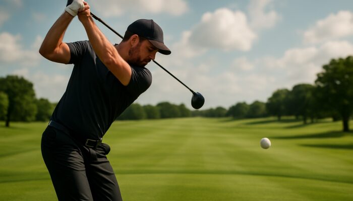 Golfer striking a low-spin golf ball soaring straight over a lush fairway for increased distance and control.