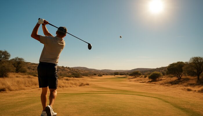 Golfer swings a low-spin ball on a sun-scorched South African course under a blazing summer sky.