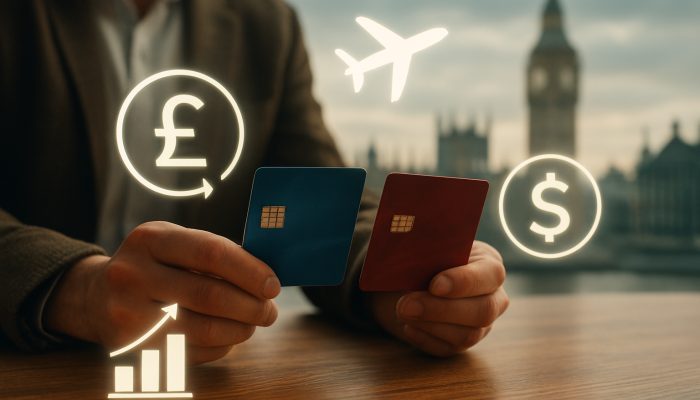 Choosing Future Credit With Care: Expert UK Advice | DCL British shopper compares glossy credit cards with cashback and travel icons on table, London skyline backdrop.