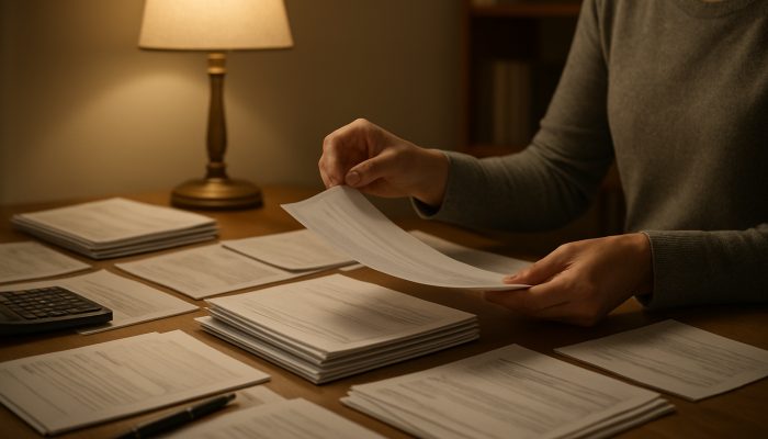 Avoiding Fresh Debt While Merging Balances: Key Tips | DCL Person sorting payslips and bank statements on cluttered desk under lamplight in home office.